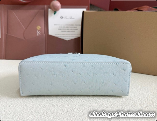 Best Product Loro Piana LP Extra Pocket Pouch L19 in Ostrich Embossed Leather Light Blue/Silver 2026 FAI8393