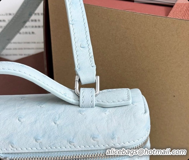 Best Product Loro Piana LP Extra Pocket Pouch L19 in Ostrich Embossed Leather Light Blue/Silver 2026 FAI8393