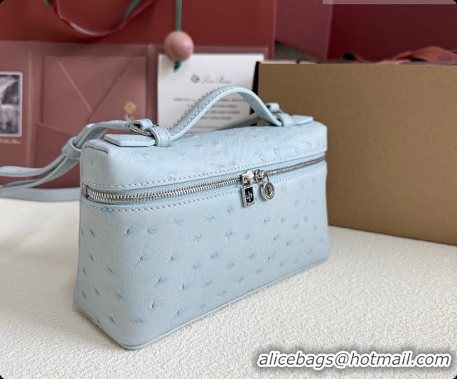 Best Product Loro Piana LP Extra Pocket Pouch L19 in Ostrich Embossed Leather Light Blue/Silver 2026 FAI8393