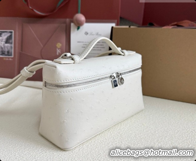 Luxury Loro Piana LP Extra Pocket Pouch L19 in Ostrich Embossed Leather White/Silver 2026 FAI8393