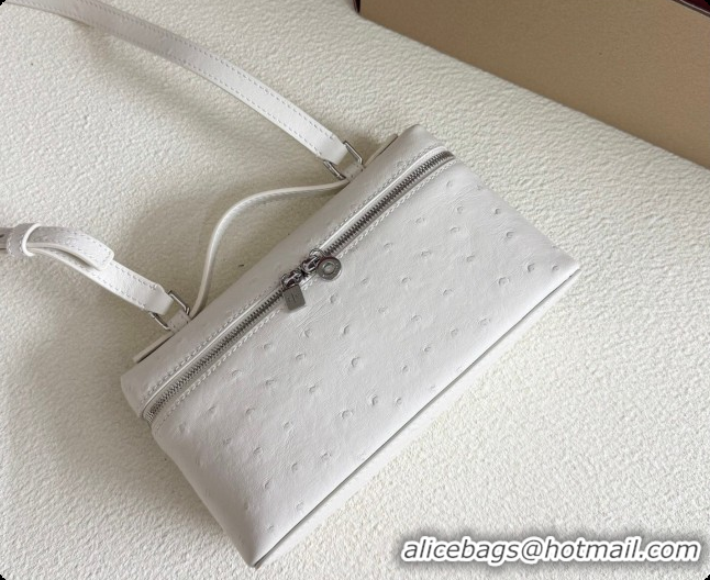 Luxury Loro Piana LP Extra Pocket Pouch L19 in Ostrich Embossed Leather White/Silver 2026 FAI8393