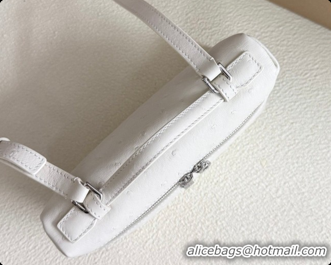 Luxury Loro Piana LP Extra Pocket Pouch L19 in Ostrich Embossed Leather White/Silver 2026 FAI8393