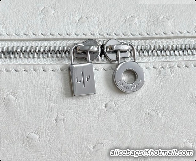 Luxury Loro Piana LP Extra Pocket Pouch L19 in Ostrich Embossed Leather White/Silver 2026 FAI8393