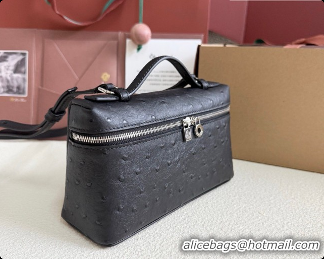 Good Product Loro Piana LP Extra Pocket Pouch L19 in Ostrich Embossed Leather Black/Silver 2026 FAI8393