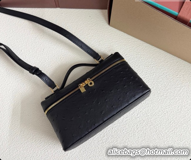 Best Quality Loro Piana LP Extra Pocket Pouch L19 in Ostrich Embossed Leather Black/Gold 2026 FAI8393