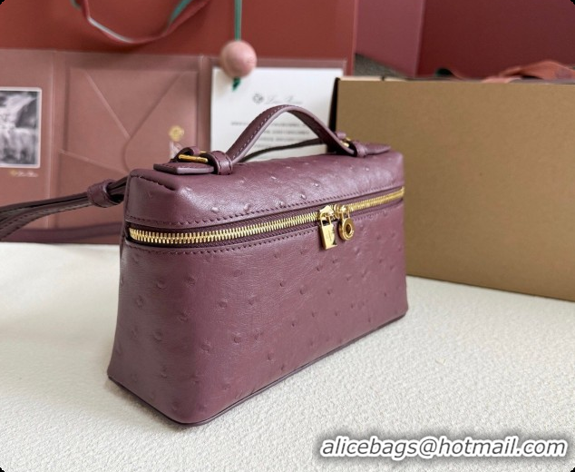 New Fashion Loro Piana LP Extra Pocket Pouch L19 in Ostrich Embossed Leather Burgundy/Gold 2026 FAI8393