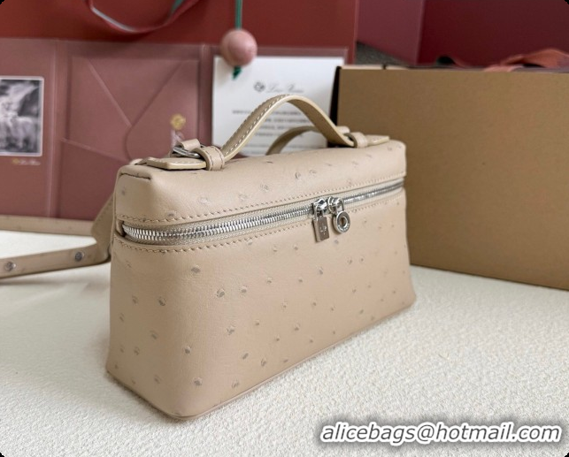 Loro Piana LP Extra Pocket Pouch L19 in Ostrich Embossed Leather Apricot/Silver 2026 FAI8393