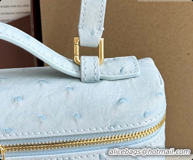 Discount Loro Piana LP Extra Pocket Pouch L19 in Ostrich Embossed Leather Light Blue/Gold 2026 FAI8393