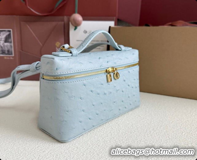 Discount Loro Piana LP Extra Pocket Pouch L19 in Ostrich Embossed Leather Light Blue/Gold 2026 FAI8393