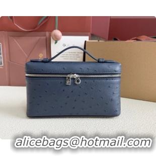 Charming Loro Piana LP Extra Pocket Pouch L19 in Ostrich Embossed Leather Midnight Blue/Silver 2026 FAI8393