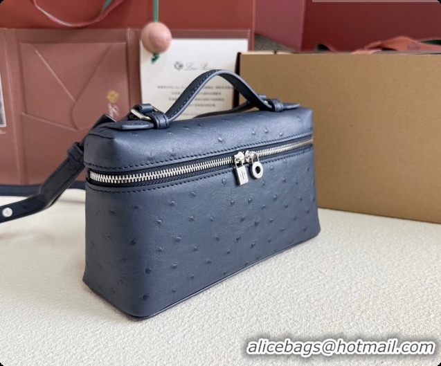 Charming Loro Piana LP Extra Pocket Pouch L19 in Ostrich Embossed Leather Midnight Blue/Silver 2026 FAI8393