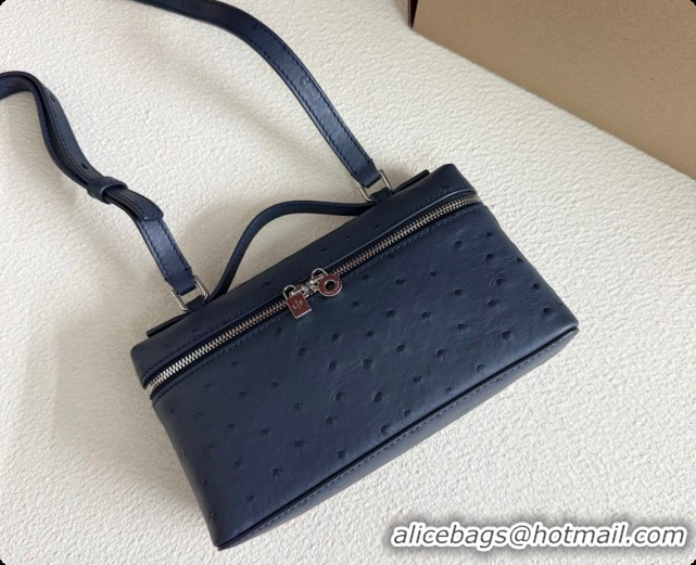 Charming Loro Piana LP Extra Pocket Pouch L19 in Ostrich Embossed Leather Midnight Blue/Silver 2026 FAI8393