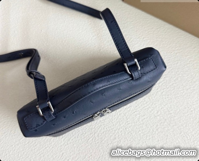Charming Loro Piana LP Extra Pocket Pouch L19 in Ostrich Embossed Leather Midnight Blue/Silver 2026 FAI8393