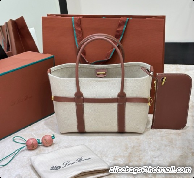 Unique Ladies Loro Piana Small Ghiera Shopper Bag in Natural Canvas and Brown Leather 8879 2026
