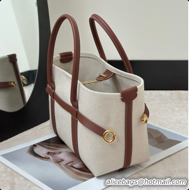 Unique Ladies Loro Piana Small Ghiera Shopper Bag in Natural Canvas and Brown Leather 8879 2026