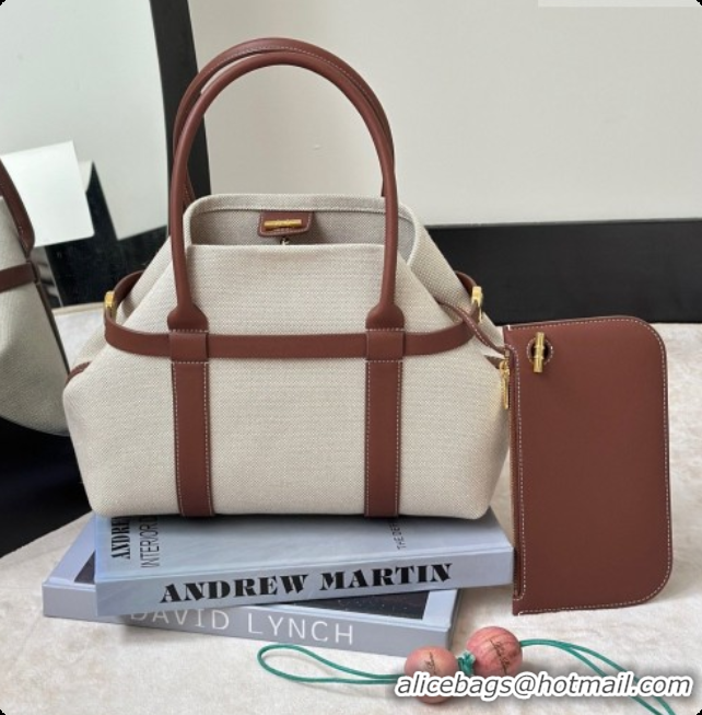 Unique Ladies Loro Piana Small Ghiera Shopper Bag in Natural Canvas and Brown Leather 8879 2026
