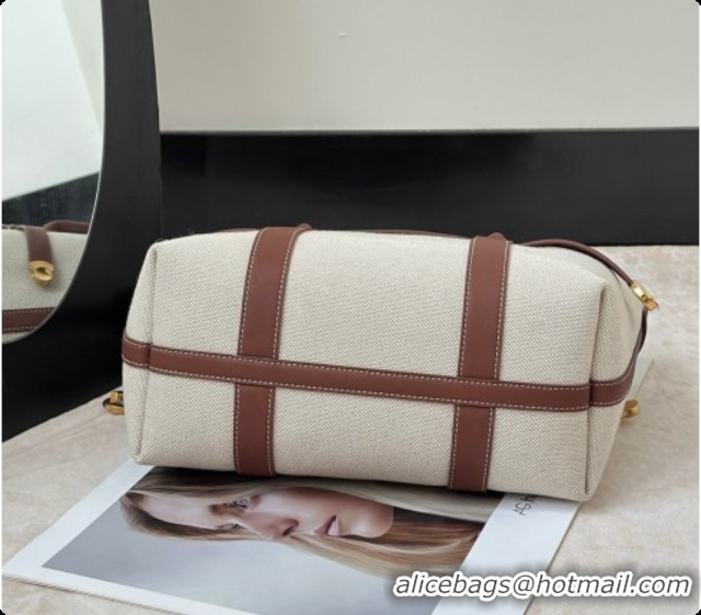 Unique Ladies Loro Piana Small Ghiera Shopper Bag in Natural Canvas and Brown Leather 8879 2026