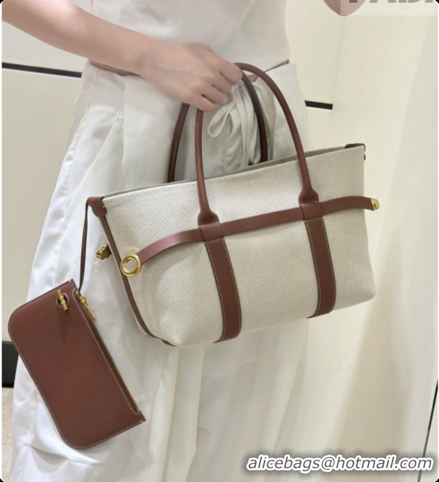 Unique Ladies Loro Piana Small Ghiera Shopper Bag in Natural Canvas and Brown Leather 8879 2026