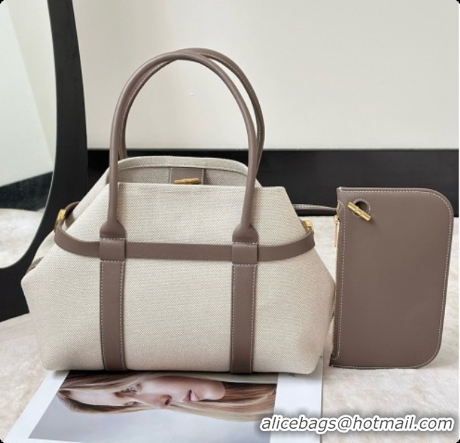 Cheap Price Loro Piana Small Ghiera Shopper Bag in Natural Canvas and Grey Leather 8879 2026