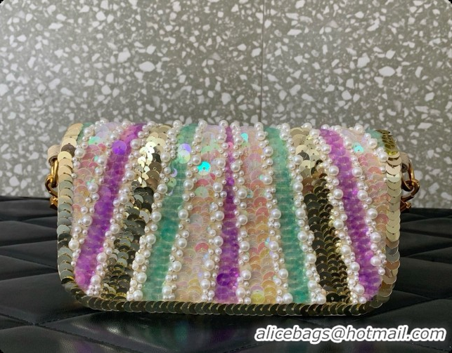 Best Quality Valentino Garavani Locò Small Shoulder Bag In Pearls and Sequins Green/Purple 2026 5088 