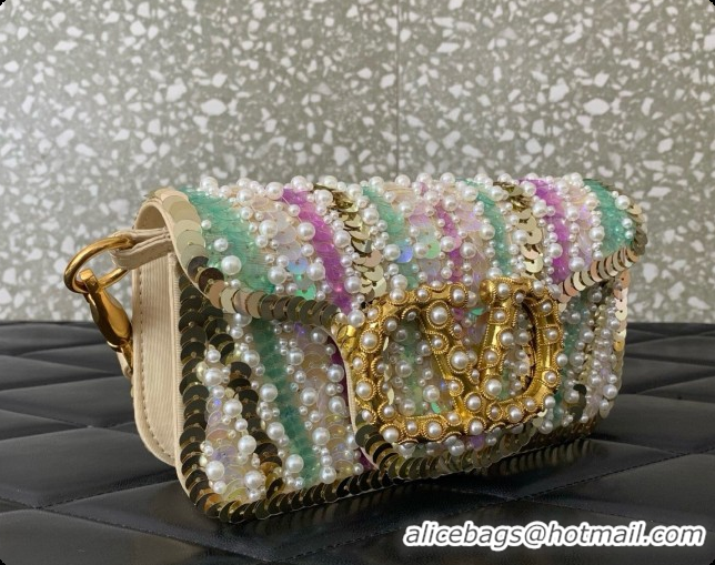 Best Quality Valentino Garavani Locò Small Shoulder Bag In Pearls and Sequins Green/Purple 2026 5088 