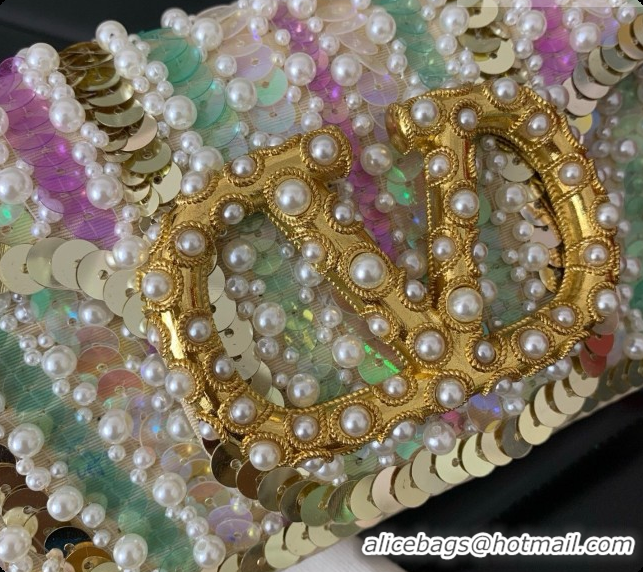 Best Quality Valentino Garavani Locò Small Shoulder Bag In Pearls and Sequins Green/Purple 2026 5088 
