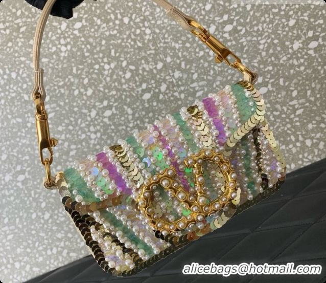Best Quality Valentino Garavani Locò Small Shoulder Bag In Pearls and Sequins Green/Purple 2026 5088 