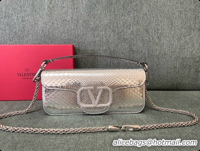Trendy Design Valentino Medium Loco Shoulder Bag in Snake-embossed Calfskin 1133S Silver 2026