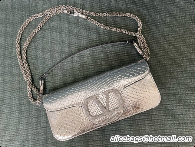 Trendy Design Valentino Medium Loco Shoulder Bag in Snake-embossed Calfskin 1133S Silver 2026