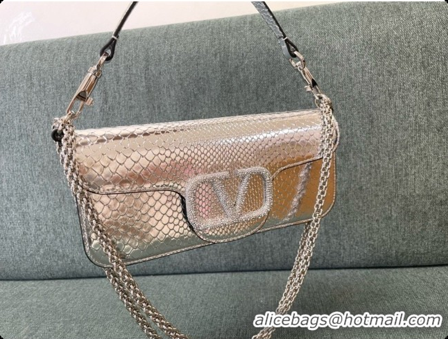 Trendy Design Valentino Medium Loco Shoulder Bag in Snake-embossed Calfskin 1133S Silver 2026