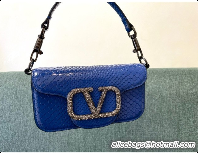 Good Quality Valentino Small Loco Shoulder Bag in Snake-embossed Calfskin 1133S Blue 2026