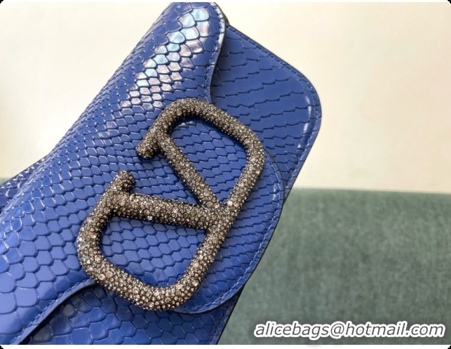 Good Quality Valentino Small Loco Shoulder Bag in Snake-embossed Calfskin 1133S Blue 2026