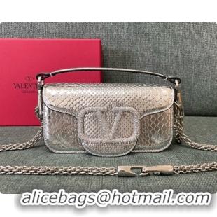Charming Valentino Small Loco Shoulder Bag in Snake-embossed Calfskin 1133S Silver 2026