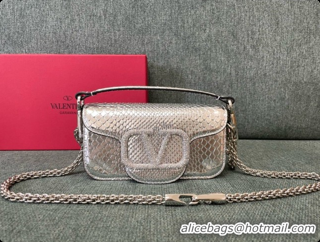 Charming Valentino Small Loco Shoulder Bag in Snake-embossed Calfskin 1133S Silver 2026