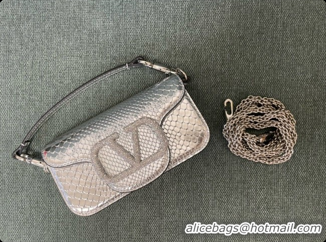 Charming Valentino Small Loco Shoulder Bag in Snake-embossed Calfskin 1133S Silver 2026