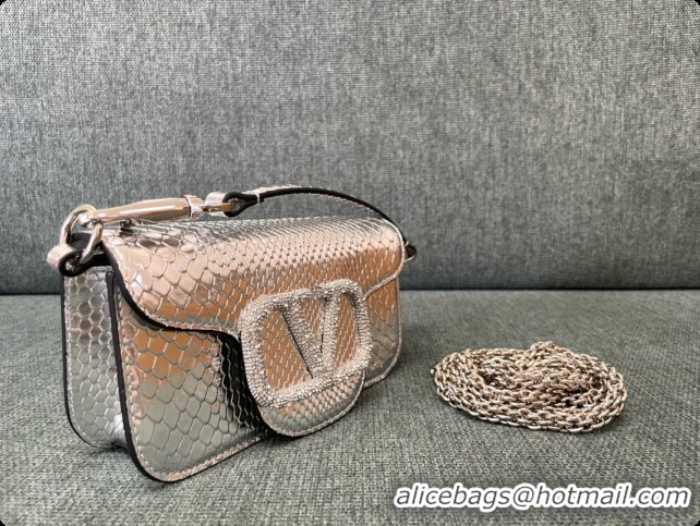 Charming Valentino Small Loco Shoulder Bag in Snake-embossed Calfskin 1133S Silver 2026