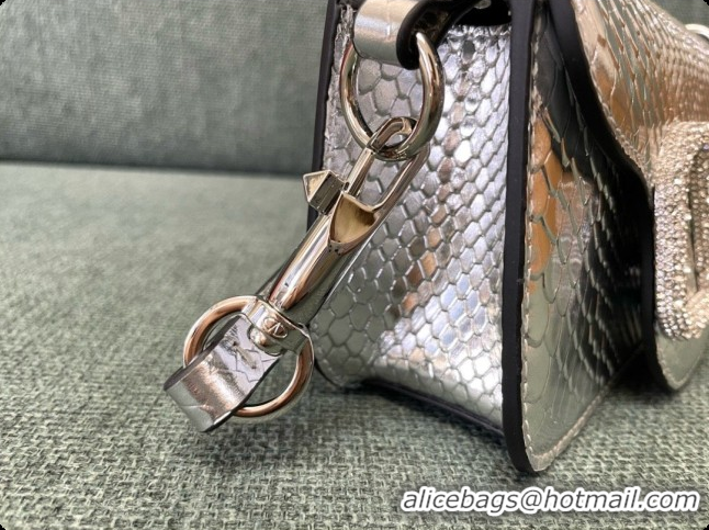 Charming Valentino Small Loco Shoulder Bag in Snake-embossed Calfskin 1133S Silver 2026
