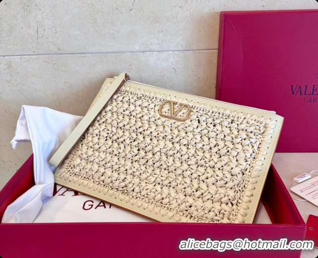 Low Price Valentino Straw & Calfskin Clutch 22068 White 2026