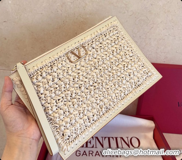Low Price Valentino Straw & Calfskin Clutch 22068 White 2026