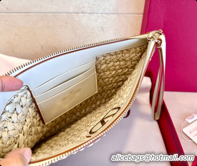 Low Price Valentino Straw & Calfskin Clutch 22068 White 2026