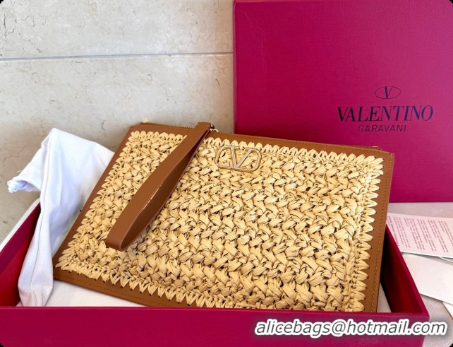 Best Luxury Valentino Straw & Calfskin Clutch 22068 Brown 2026