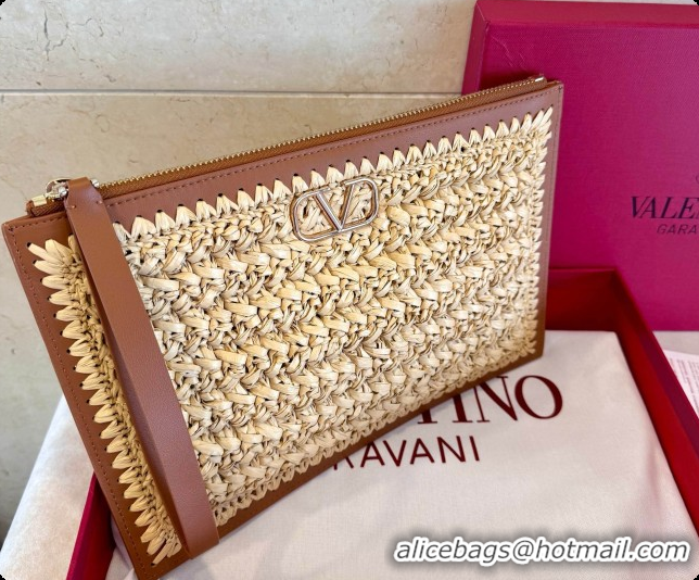 Best Luxury Valentino Straw & Calfskin Clutch 22068 Brown 2026