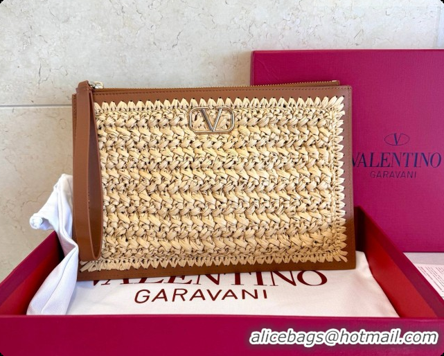 Best Luxury Valentino Straw & Calfskin Clutch 22068 Brown 2026