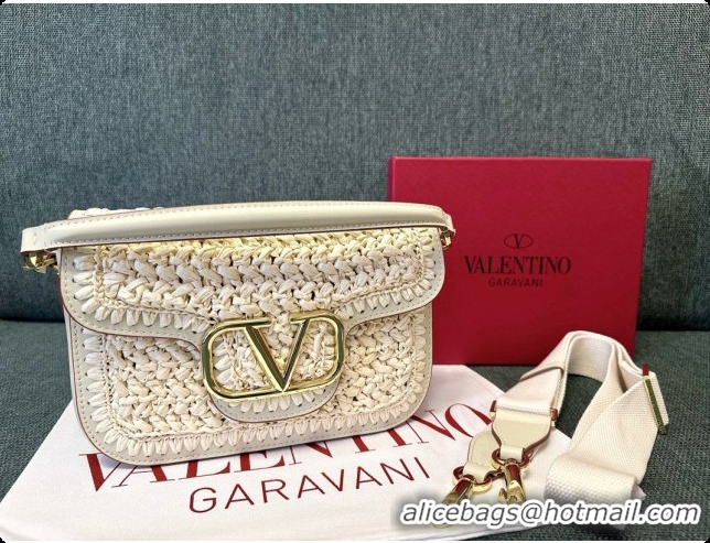 Low Price Valentino Straw & Calfskin Locò VLogo Shoulder Bag 2046 White 2026