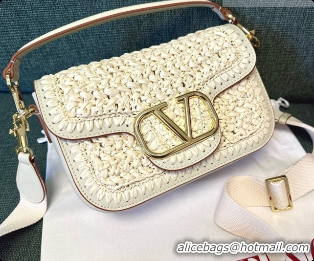 Low Price Valentino Straw & Calfskin Locò VLogo Shoulder Bag 2046 White 2026