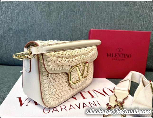 Low Price Valentino Straw & Calfskin Locò VLogo Shoulder Bag 2046 White 2026