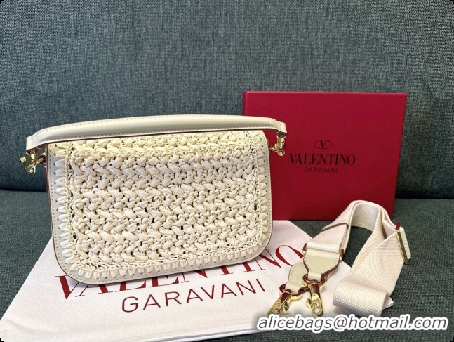 Low Price Valentino Straw & Calfskin Locò VLogo Shoulder Bag 2046 White 2026
