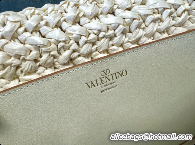 Low Price Valentino Straw & Calfskin Locò VLogo Shoulder Bag 2046 White 2026