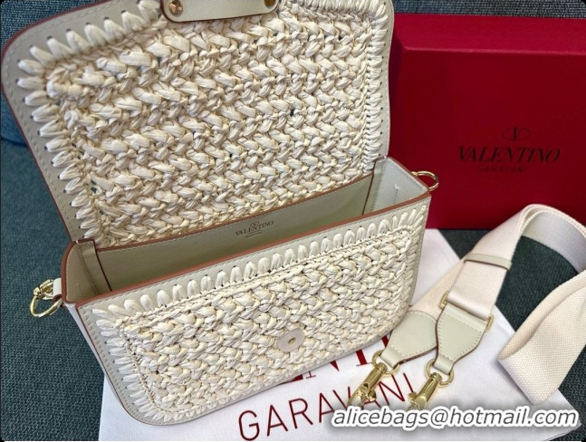 Low Price Valentino Straw & Calfskin Locò VLogo Shoulder Bag 2046 White 2026