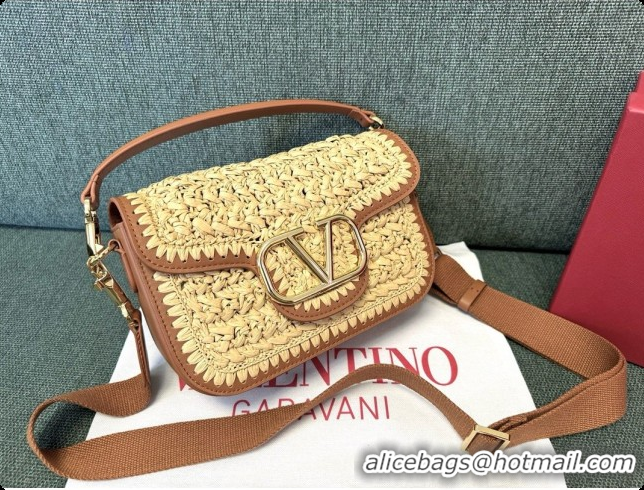 Good Product Valentino Straw & Calfskin Locò VLogo Shoulder Bag 2046 Brown 2026